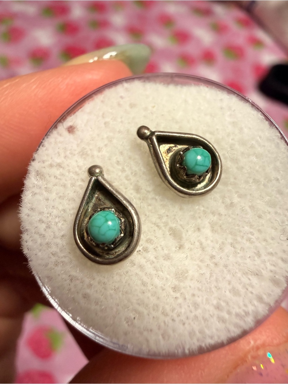 Vintage Southwestern Teardrop Shadow Box Turquoise Stud Earrings Sterling Silver - Picture 2 of 8